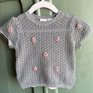 Zara Gray Knit Short-Sleeve Top with Pink Floral Embroidery